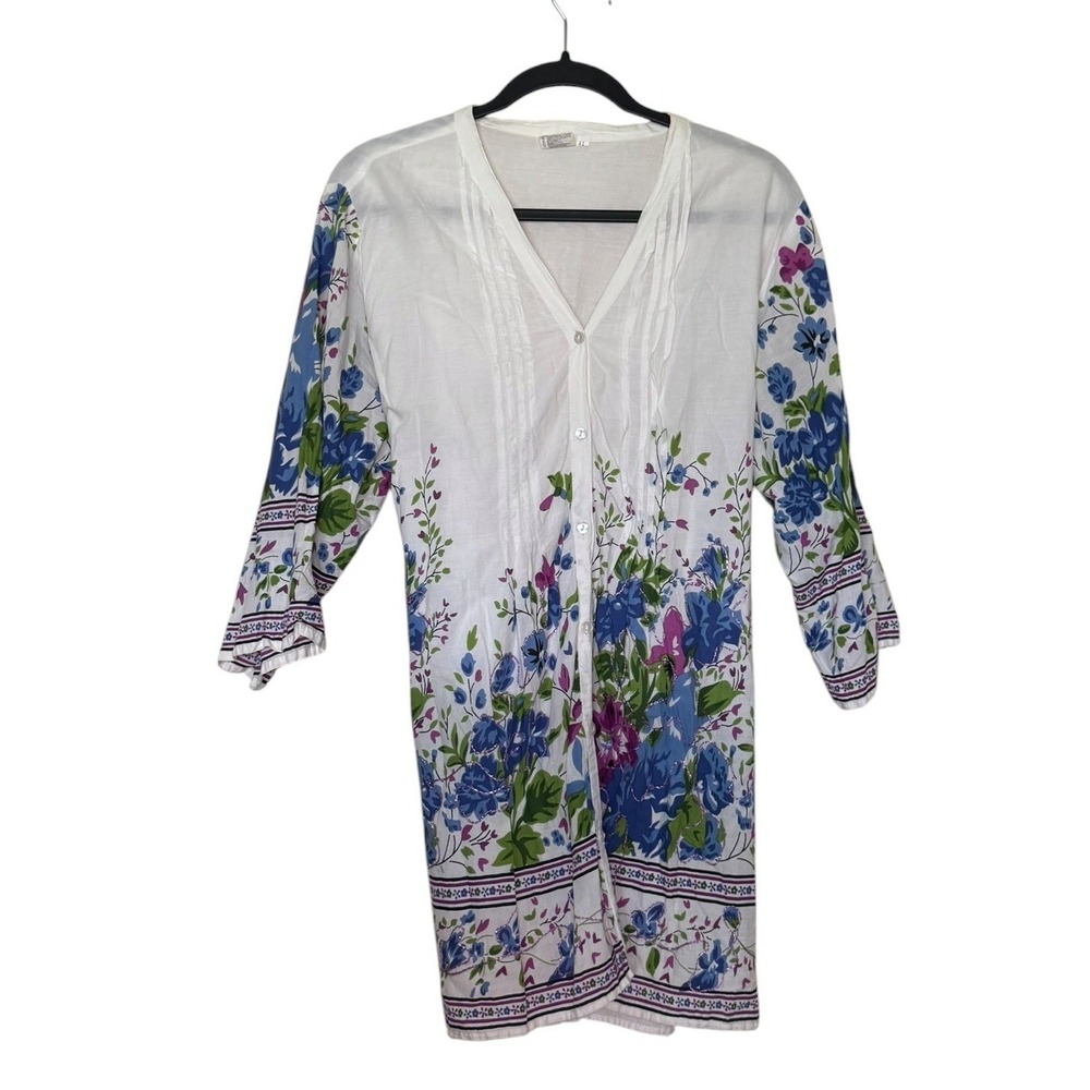ASHA White Cotton Floral Embroidered Tunic Top Button Front Boho Fairy Garden